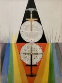 The US Series, Group VIII, No. 7 by van Hilma af Klint: abstract met driehoek, cirkel, regenboog en geometrisch, in regenboogkleuren op wit
