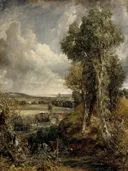 The Vale of Dedham van John Constable: landschap met bomen, dal, rivier en wolken, in groen met warm bruin