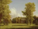 The Van Rensselaer Manor House (1841) van Thomas Cole: landschap met landhuis, gazon, bomen en tuin, in warm groen en beige