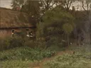The Vegetable Garden van Anton Mauve: landschap met boerderij, tuin, bomen en moestuin, in gedempt groen en bruin