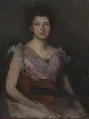 The Violin Player van James McNeill Whistler: portret met vrouw, viool, muziek en roze jurk, in roze en donkerbruin
