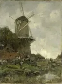 The Windmill van Jacob Maris: landschap met molen, water, huisje en wolken, in gedempt groen en grijs