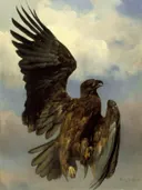 The Wounded Eagle van Rosa Bonheur: dieren met adelaar, vleugels, vlucht en rotsen, in donkerbruin tegen blauw