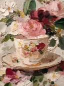 Theekopje met rozen, stilleven schilderij