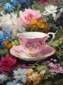 Schilderij van een roze theekopje tussen kleurrijke tuinbloemen