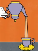 Pop-art illustratie van een paarse theepot die thee inschenkt