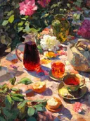 Tuintafel met karaf, theekopjes en rozen, olieverfschilderij