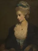 Theophilia Gwatkin van Joshua Reynolds: portret met vrouw, profiel, opgestoken haar en kant, in warm bruin en goud