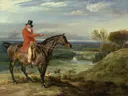 Theophilus Levett and a Favorite Hunter van James Ward: figuren met ruiter, paard, jacht en honden, in rood en warm groen