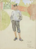 Thorsten Grill 1904 van Carl Larsson: figuren met jongen, pet, hek en tuinpad, in licht groen met grijs
