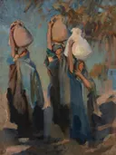 Three Arab Women Carrying Water Jars SN00666689 001 1 001 van John Singer Sargent: figuren met vrouwen, kruiken, gewaden en water, in gedempt blauw en oker