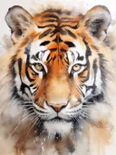 Aquarel van een tijgerkop met direct oogcontact en inktspetter-effect.