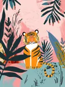 Schilderij van een tijger tussen jungleplanten, kinderkamer wanddecoratie