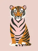 Schilderij van een zittende tijger op roze achtergrond
