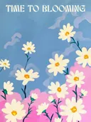Time to blooming tekstposter schilderij met witte margrieten op blauwe achtergrond