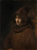Titus in monniksdracht van Rembrandt van Rijn: portret met jongeman, kap, monnikspij en peinzend, in warm bruin