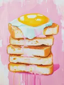 Schilderij van een stapel geroosterd brood met een spiegelei erbovenop.