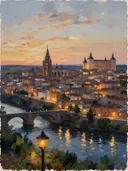 Toledo, stadsgezicht aan de Taag in avondlicht, schilderij van Toledo