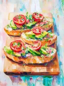 Schilderij van bruschetta's met avocado en tomaat op een houten snijplank.