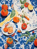 Stilleven met rode en oranje tomaten op een blauw-wit patroon tafellaken.