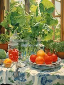 Stilleven met tomaten en fruit op een vensterbank tussen groene planten.
