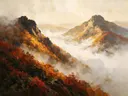 Landschapsschilderij, top boven de wolken in gouden herfst