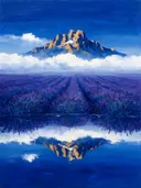 Landschapsschilderij, top boven de wolken in kobalt