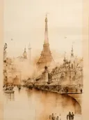 Sepia tekening van een torenstad met wandelaars aan de rivier