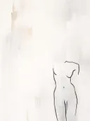 Minimalistische contourlijn-tekening van een gestileerde torso op crème achtergrond.