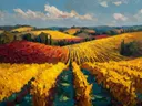 Schilderij van Toscaanse wijngaardheuvels in rood en goud
