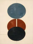 Totem in de stijl Geometric Earth, in gedempt blauwgrijs, romige crème en terracotta, met een diepzwart accent