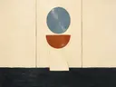 Totem in de stijl Geometric Earth, in gedempt blauwgrijs, romige crème en terracotta, met een diepzwart accent