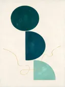 Totem in de stijl Geometric Earth, in diep zeegroen, petrolblauw en bleek zeeschuim, met een warm koraalrood accent