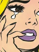 Close-up pop-art portret van een huilende vrouw met paarse lippen