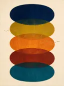 Transparante vlakken in de stijl Organic Geometry, in gedurfd marineblauw, mosterdgeel, warm oranje, baksteenrood en petrolblauw