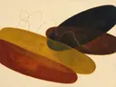 Transparante vlakken in de stijl Organic Geometry, in diep roest, mosterdgeel en romige crème, met een diepzwart accent