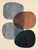 Transparante vlakken in de stijl Organic Geometry, in gedempt blauwgrijs, romige crème en terracotta, met een diepzwart accent