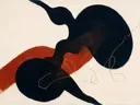 Transparante vlakken in de stijl Organic Geometry, in inktzwart en beenderwit, met één baan vermiljoen