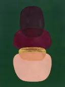 Transparante vlakken in de stijl Organic Geometry, in aubergine, diep magenta en zacht blos, met een dunne gouden lijn