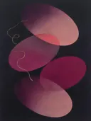 Transparante vlakken in de stijl Organic Geometry, in aubergine, diep magenta en zacht blos, met een dunne gouden lijn
