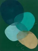 Transparante vlakken in de stijl Organic Geometry, in diep zeeblauw, turkoois en bleek aqua, met warm zand