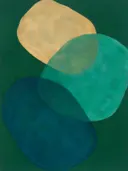 Transparante vlakken in de stijl Organic Geometry, in diep zeeblauw, turkoois en bleek aqua, met warm zand