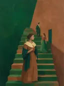 Schilderij van trap in dennengroen en klei, in vlakke kleurvlakken