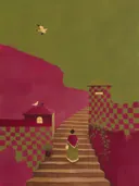 Schilderij van trap in magenta en olijfgroen