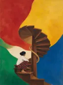 Schilderij van trap in vier heldere kleuren naast elkaar, in vlakke kleurvlakken