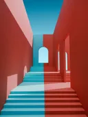 Trap en gang die in twee kleuren, rood en blauw, zijn verdeeld.