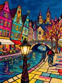Trapgevels aan de gracht in bonte kleuren, schilderij