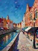 Trapgevels aan de gracht in kleurrijk modern, schilderij