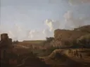 Travelers in a Hilly Landscape by , Schorr Collection van Jan van der Heyden: landschap met heuvels, reizigers, ruine en vlakte, in gedempt groenbruin