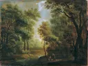 Tree Landscape van Johann Evangelist Dorfmeister: landschap met bomen, bos, beek en open plek, in groen en lichtblauw